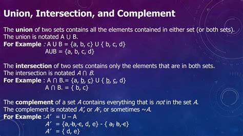 Set Operations: Union, Intersection, Complement.